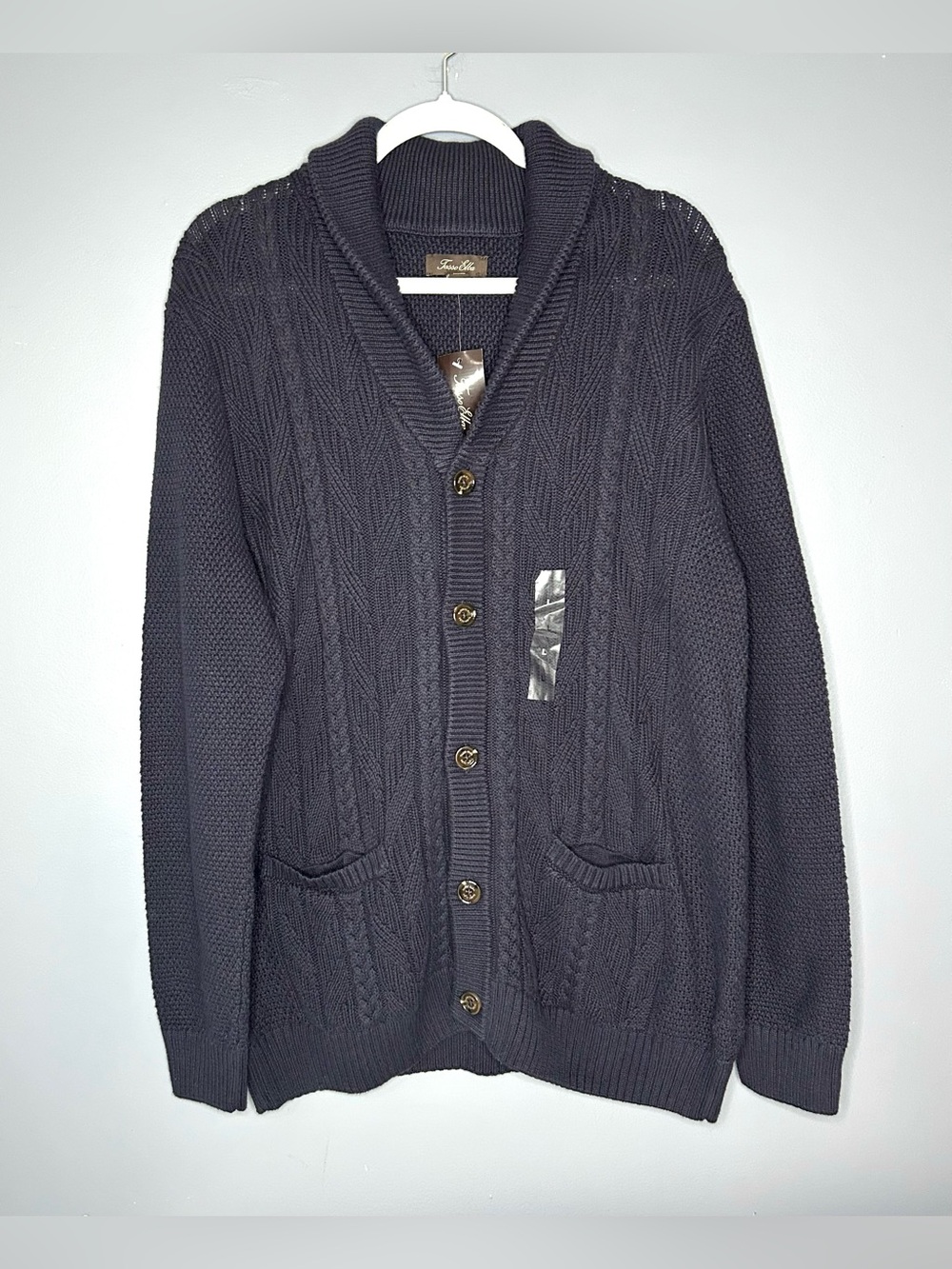 Tasso Elba Sweater Mens L Dark Navy Shawl Collar Cardigan Button‎ Cable Knit